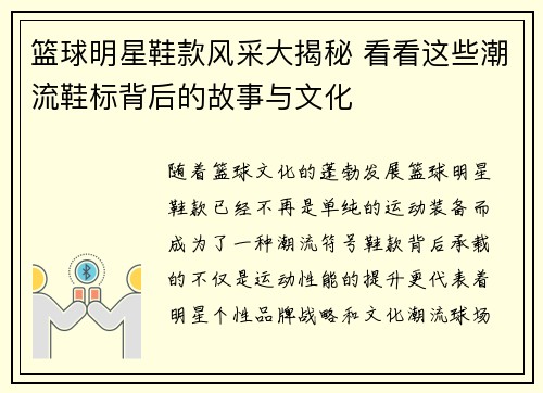 篮球明星鞋款风采大揭秘 看看这些潮流鞋标背后的故事与文化