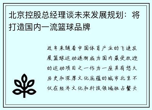 北京控股总经理谈未来发展规划：将打造国内一流篮球品牌