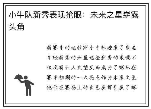 小牛队新秀表现抢眼：未来之星崭露头角
